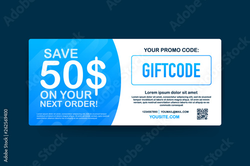 Promo code. Vector Gift Voucher with Coupon Code. Premium eGift Card Background for E-commerce, Online Shopping. Marketing. Vector illustration.