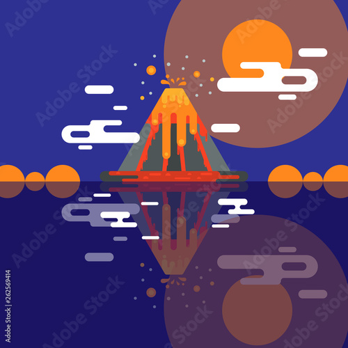 Volcano vector eruption and volcanism or explosion convulsion of nature volcanic in mountains illustration backdrop poster of volcanology background wallpaper