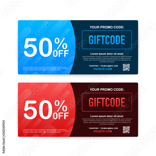 Promo code. Vector Gift Voucher with Coupon Code. Premium eGift Card Background for E-commerce, Online Shopping. Marketing. Vector illustration.