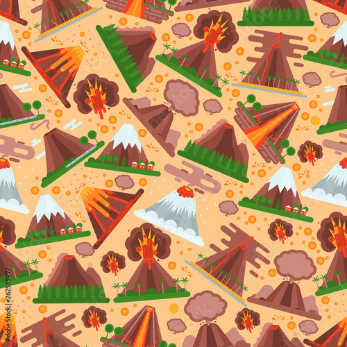 Volcano vector seamless pattern eruption volcanism explosion convulsion of nature volcanic in mountains illustration backdrop of volcanology background wallpaper