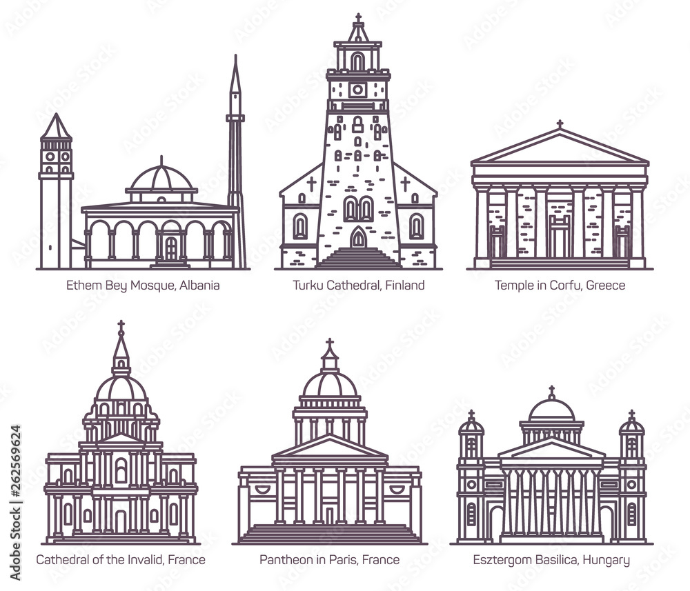 Set of cathedral, church, basilica,mosque in line