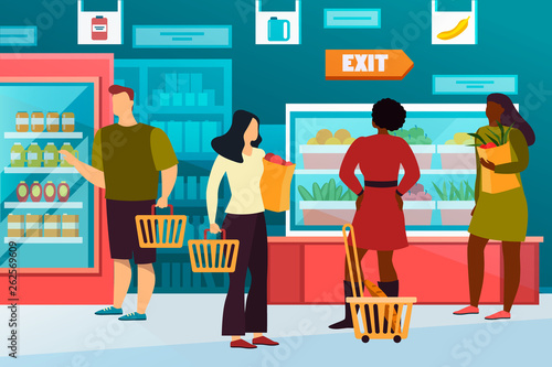 Simple man, woman at grocery or food shop, mall