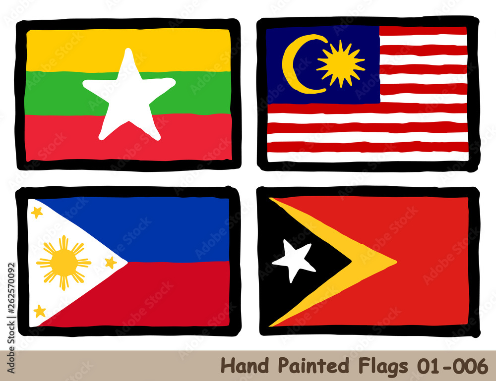 Vecteur Stock 手描きの旗アイコン ミャンマーの国旗 マレーシアの国旗 フィリピンの国旗 東ティモールの国旗 Flag Of The Myanmar Malaysia Philippines East Timor Hand Drawn Isolated Vector Icon Adobe Stock