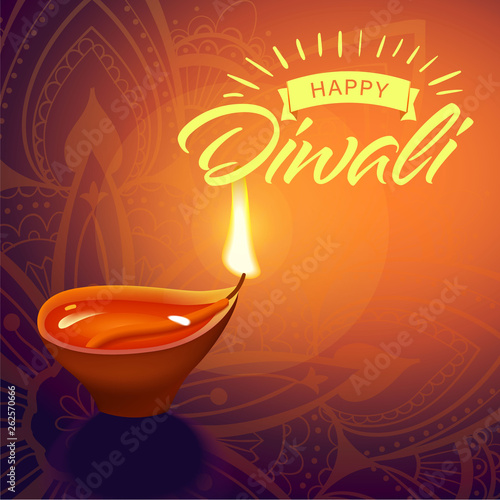 Post card for Diwali festival with realistic indian lamp with fire flame and mandala. Happy Diwali concept, insignia. Typography poster or logo for Diwali festival. Banner for web.