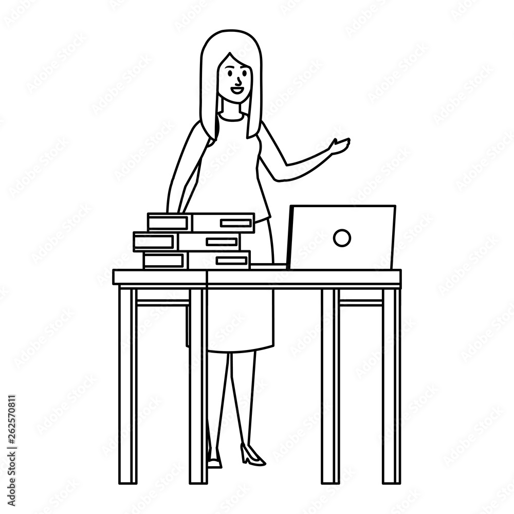 young teacher female in desk with laptop and books young teacher female in desk with laptop and books