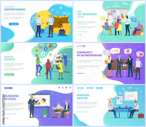 Community of entrepreneurs vector, business coach and school, crowdfunding hipster animals on meeting with partners. Personal mentor teacher website or webpage template, landing page flat style