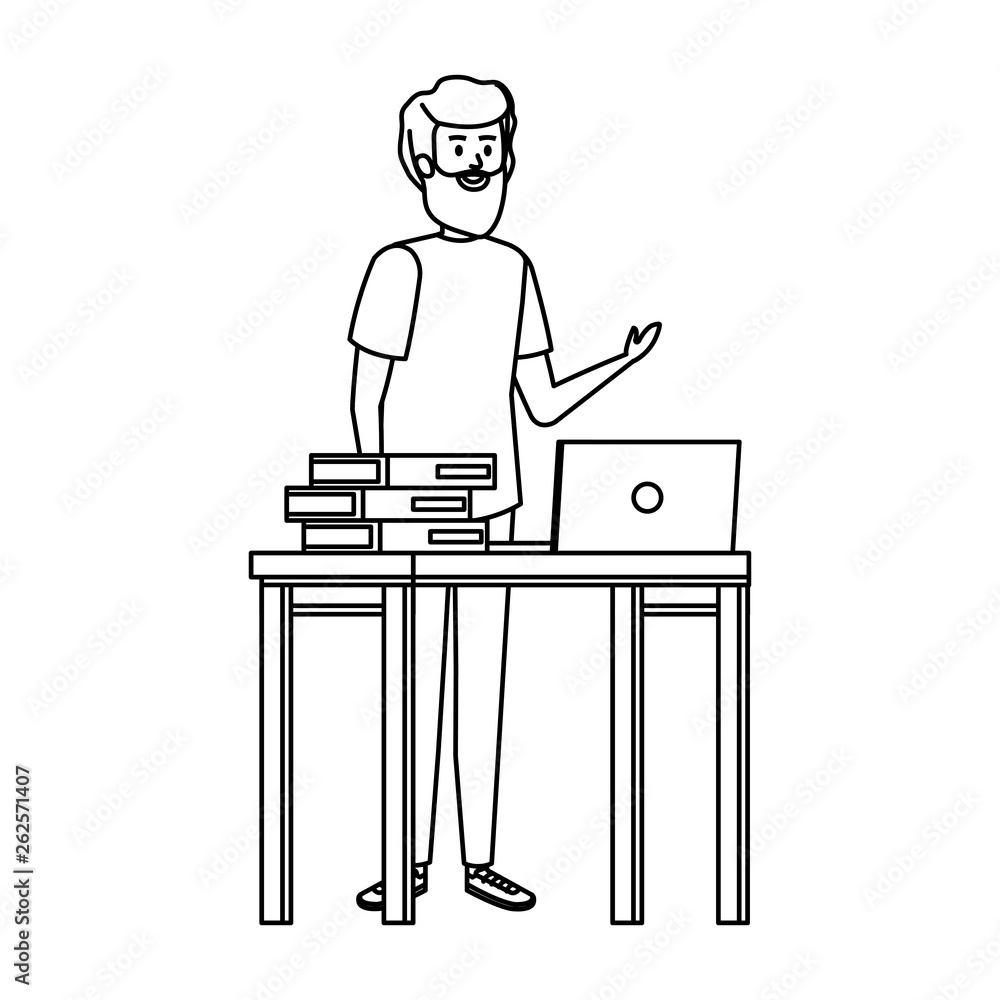 young teacher in desk with laptop and books young teacher in desk with laptop and books