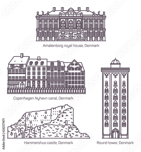 Denmark or danish medieval buildings in thin line