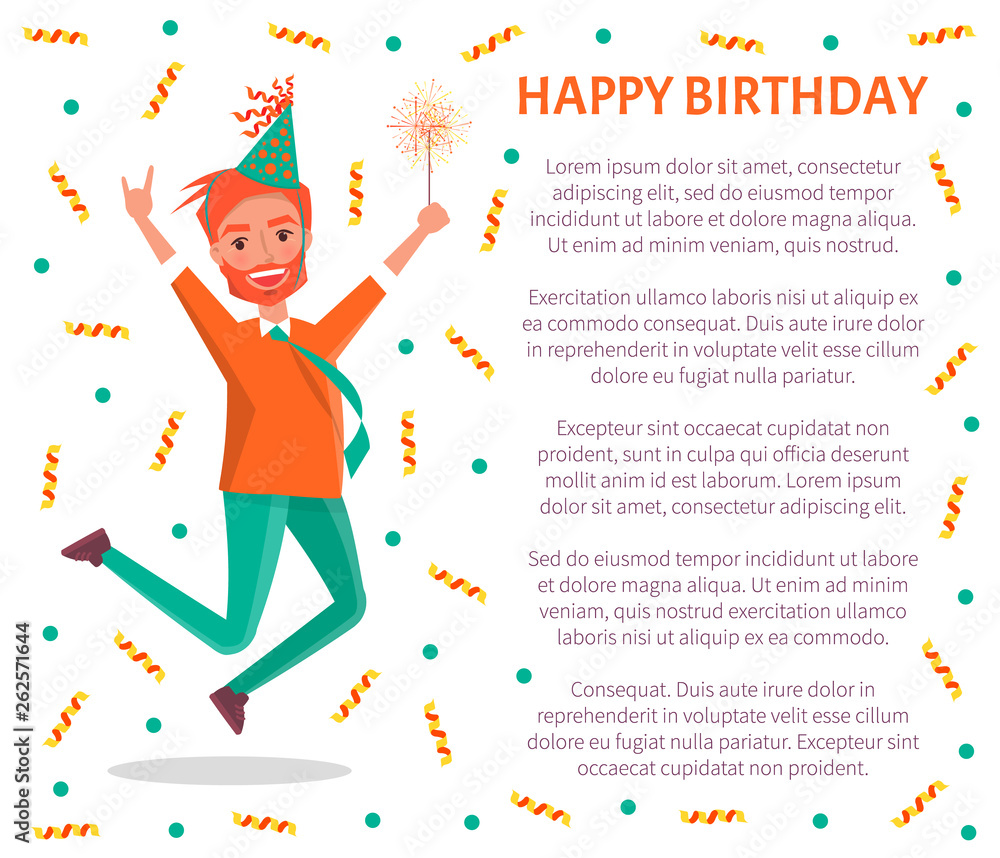 Happy birthday poster, redhead bearded man merrily jump on party. Male cartoon character in festive hat and sparkler leap of joy, vector tinsels and text sample