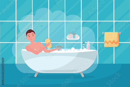 Young man in bathtub bubble foam. Bathroom home interior with bath in tile. Guy holding washcloth. picture on personal hygiene. Flat cartoon illustration