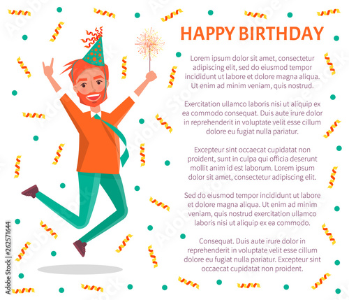 Happy birthday poster, redhead bearded man merrily jump on party. Male cartoon character in festive hat and sparkler leap of joy, vector tinsels and text sample