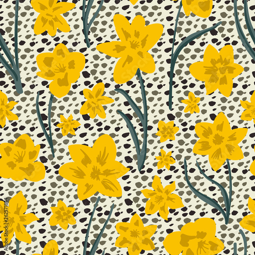 Hand drawn bright yellow daffodil floral on animal print background. Seamless vector pattern.
