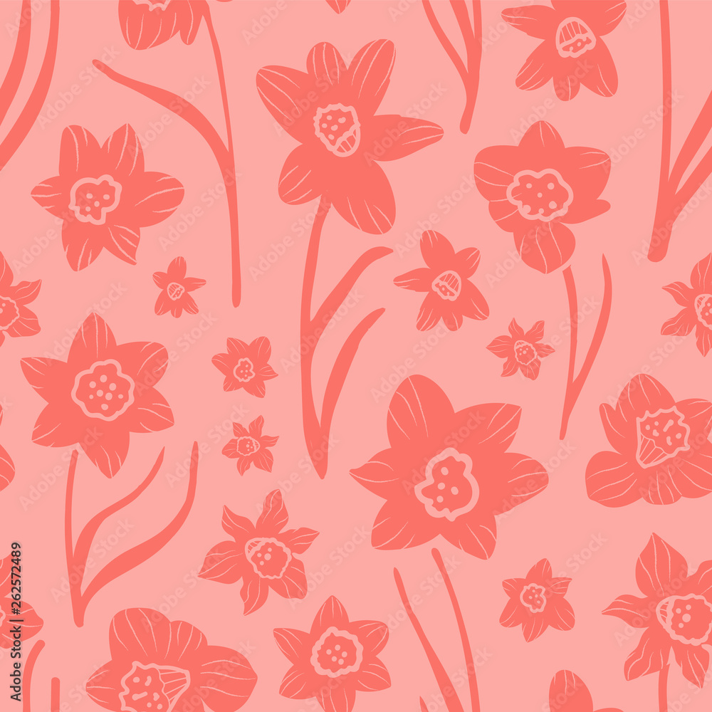 Obraz premium Monochrome coral hand drawn daffodil silhouette texture. Seamless vector pattern.