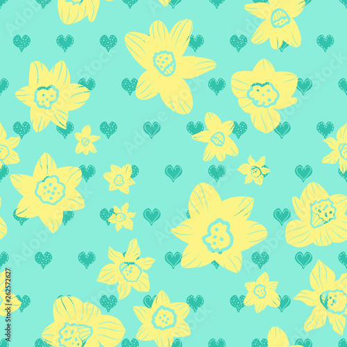 Yellow daffodil heads on blue stylized doodle heart background. Seamless vector pattern.
