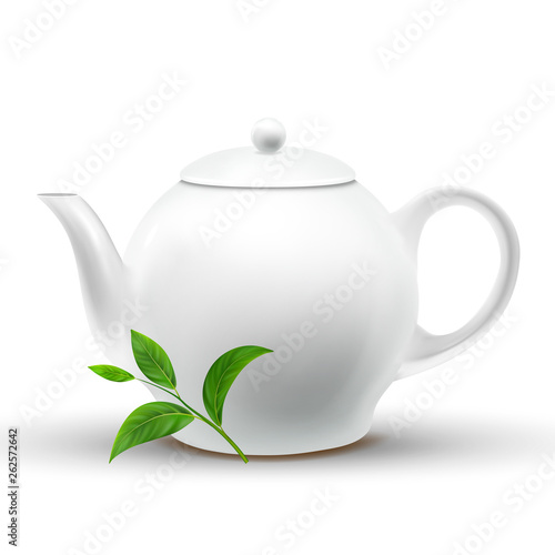 Ceramic White Teapot With Vector Green Tea Leaf. Teapot Mockup Isolated Design Element. Eco, Organic Black Ceylon Tea Plant Clipart. Herb, Twig. Porcelain Kettle 3D Realistic Illustration