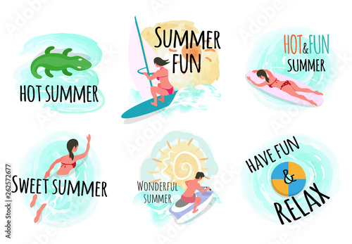 Summertime vacation vector, people on holidays flat style set. Crocodile and windsurfer, swimming person sunshine and surfboarding woman, seaside