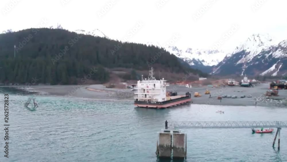 Large work boat being launched at shipyard in Alaska Large work boat being launched at shipyard in Alaska