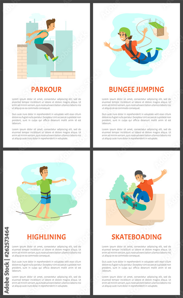 Highlining and skateboarding person vector, man holding balance, bungee jumping woman. Skateboarder teenager wearing cap, extreme sports practice
