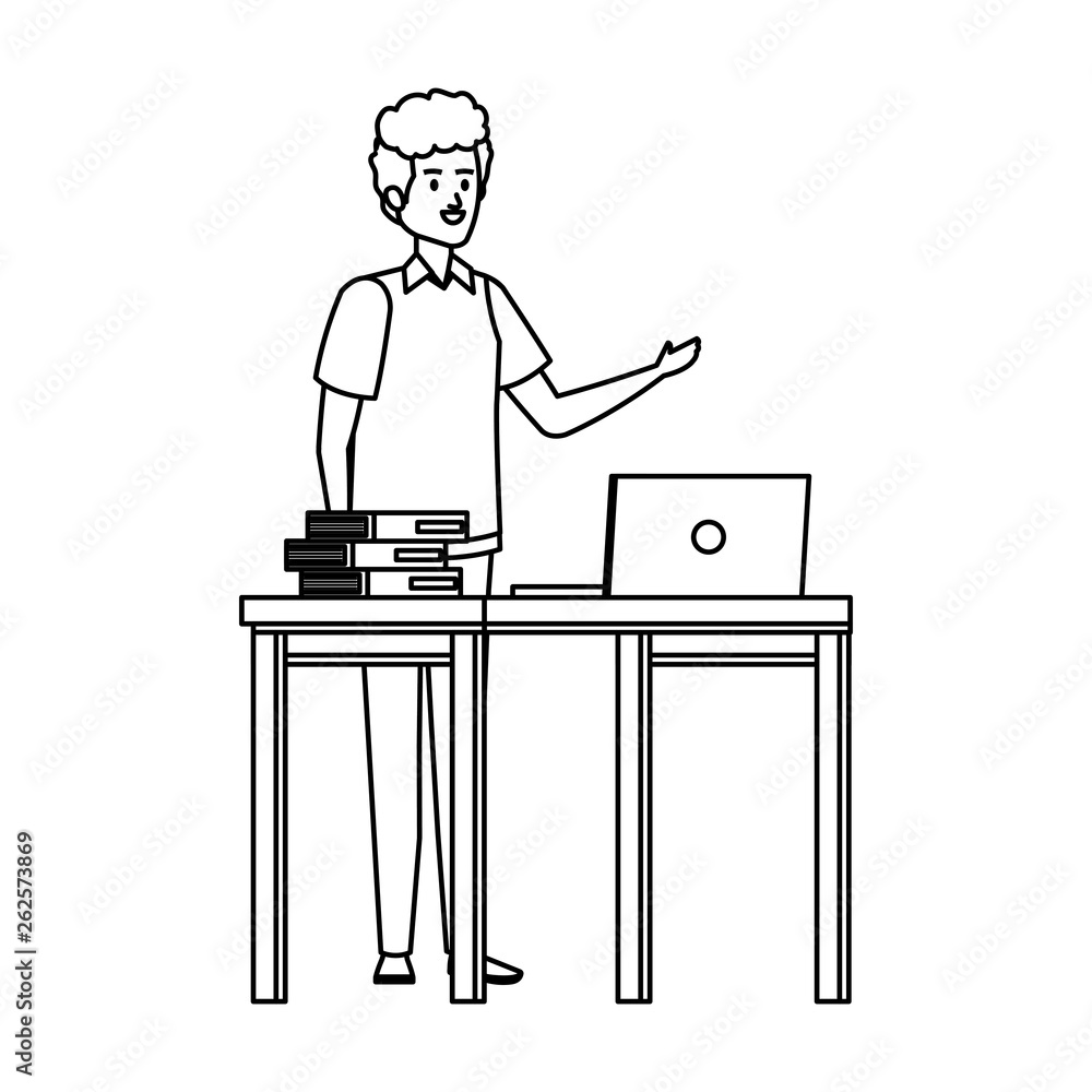 young teacher in desk with laptop and books young teacher in desk with laptop and books