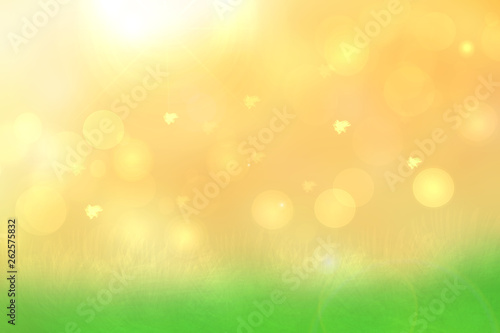Happy holiday background. Abstract happy summer day background texture with meadows and flying birds on golden shining sky. Template for holidays, wedding or other festivals.