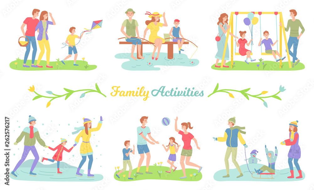 Family activities vector, mother and father with children outdoors in summer and winter. Skiing and skating, kite flying, playground and fishing set