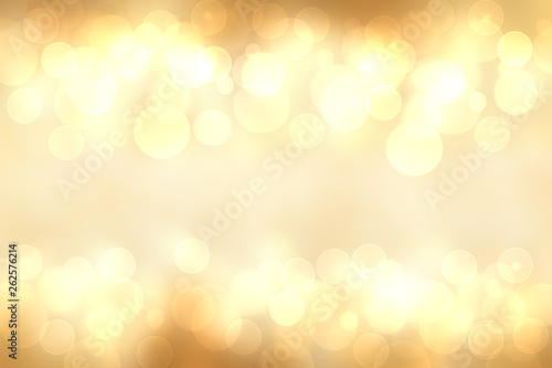 A festive abstract golden yellow gradient background texture with glitter defocused sparkle bokeh circles. Card concept for Happy New Year  party invitation  valentine or other holidays.