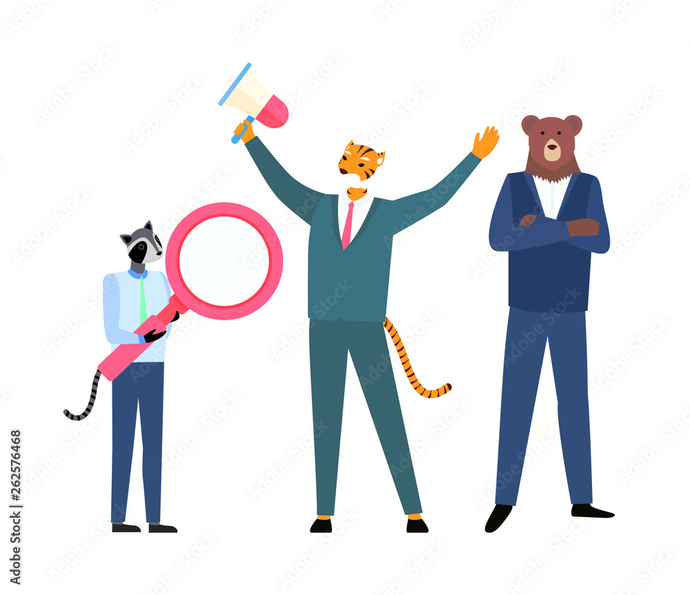 Hipster animals in suit, character with raccoon head holding magnifier, tiger rising hands with megaphone, person with bear face full length view vector Hipster animals in suit, character with raccoon head holding magnifier, tiger rising hands with megaphone, person with bear face full length view vector