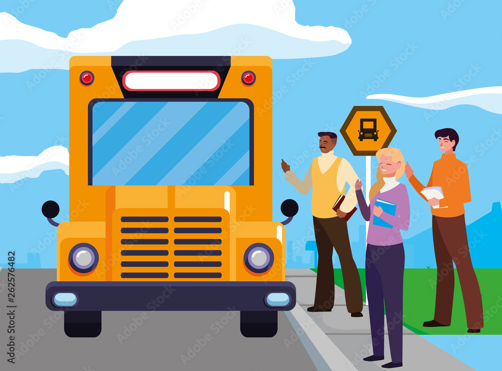interracial teachers group in bus stop