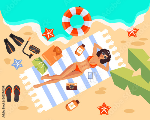 Woman tourist character sunbathing on beach. Holiday vacation concept. Vector flat cartoon graphic design illustration