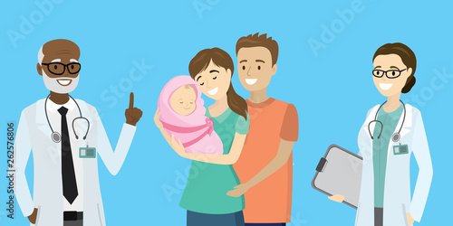 Beauty father and mother with newborn baby and happy doctors,