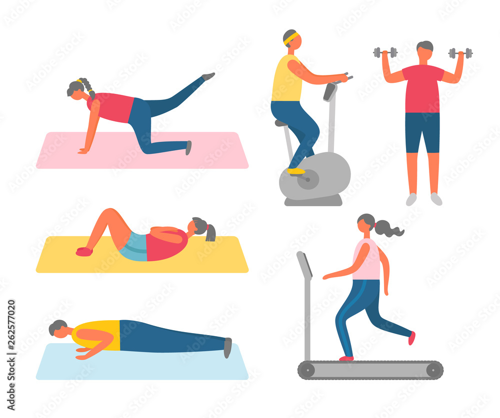 Men and women doing sport and fitness training vector. Sit-ups and push-ups, lifting legs and exercise bike and dumbbells, girl on treadmill, gym workout