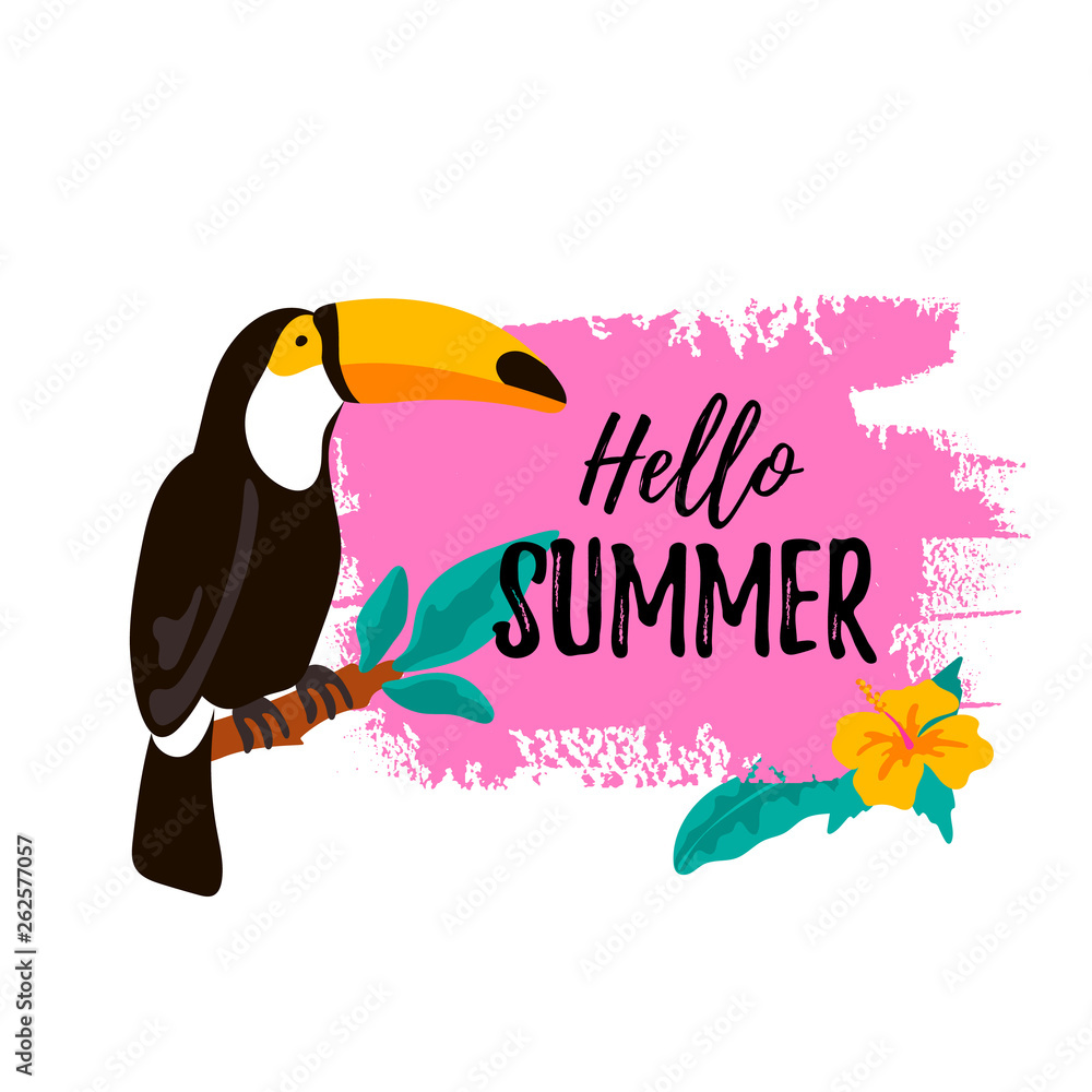 Naklejka premium Hello Summer banner with toucan and tropical leaves and flovers. Vector illustration with hand drawn elements