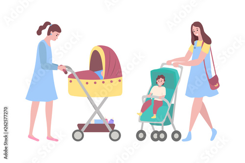 Happy mothers vector, woman with perambulators, kids sitting in pram flat style. Parent of boy sitting in carriage, lady walking with sleeping baby