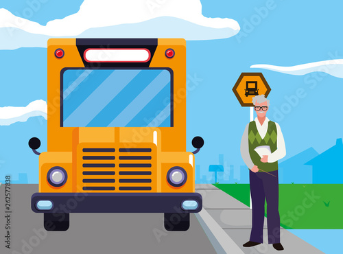 teacher male with documents in stop bus