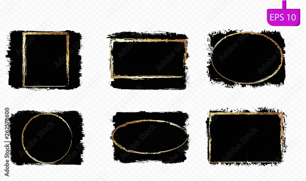 Set of black paint, brush stroke, dirty design element with golden frame and place for text. High resolution Set of black paint, brush stroke, dirty design element with golden frame and place for text. High resolution