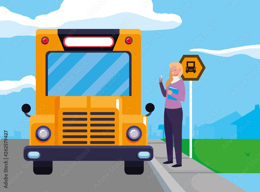 female teacher in bus stop female teacher in bus stop