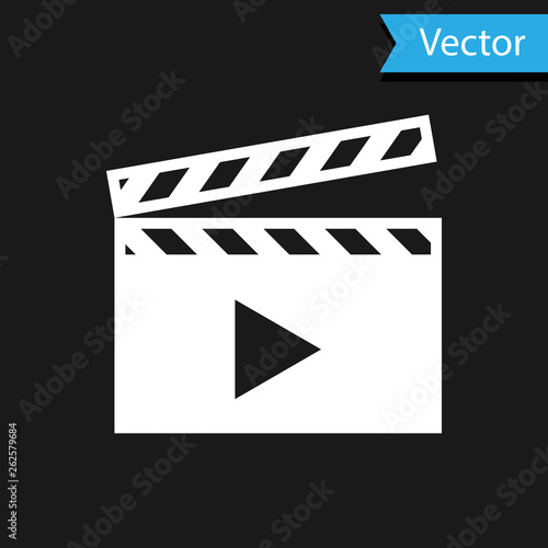 White Movie clapper icon isolated on black background. Film clapper board icon. Clapperboard sign. Cinema production or media industry concept. Vector Illustration