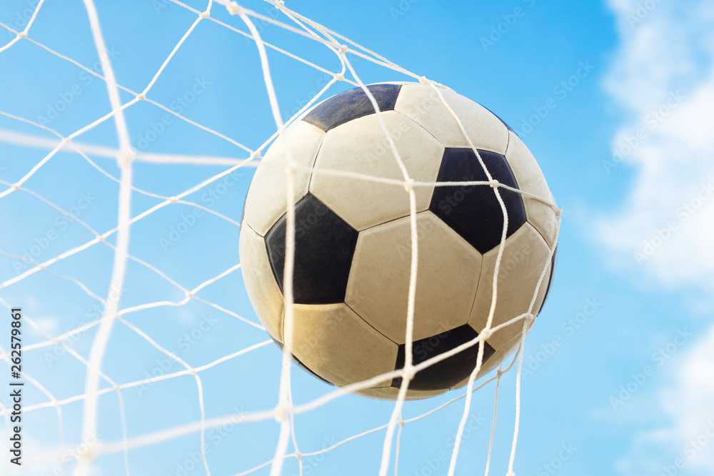 Naklejka premium Soccer ball with net in goal