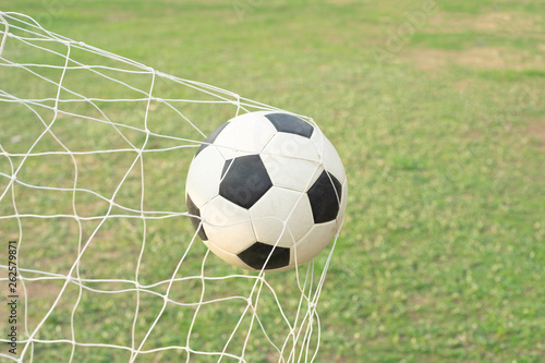 Soccer ball with net goal on green field