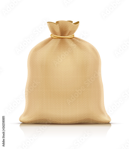 Burlap sack for products. Housekeeping and agriculture equipment. Close hessian bag for cargo. Isolated white background. Eps10 vector illustration.