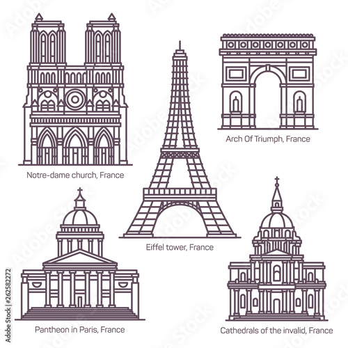 Set of line isolated French sightseeing landmarks