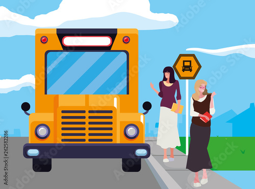 female teachers couple in stop bus characters