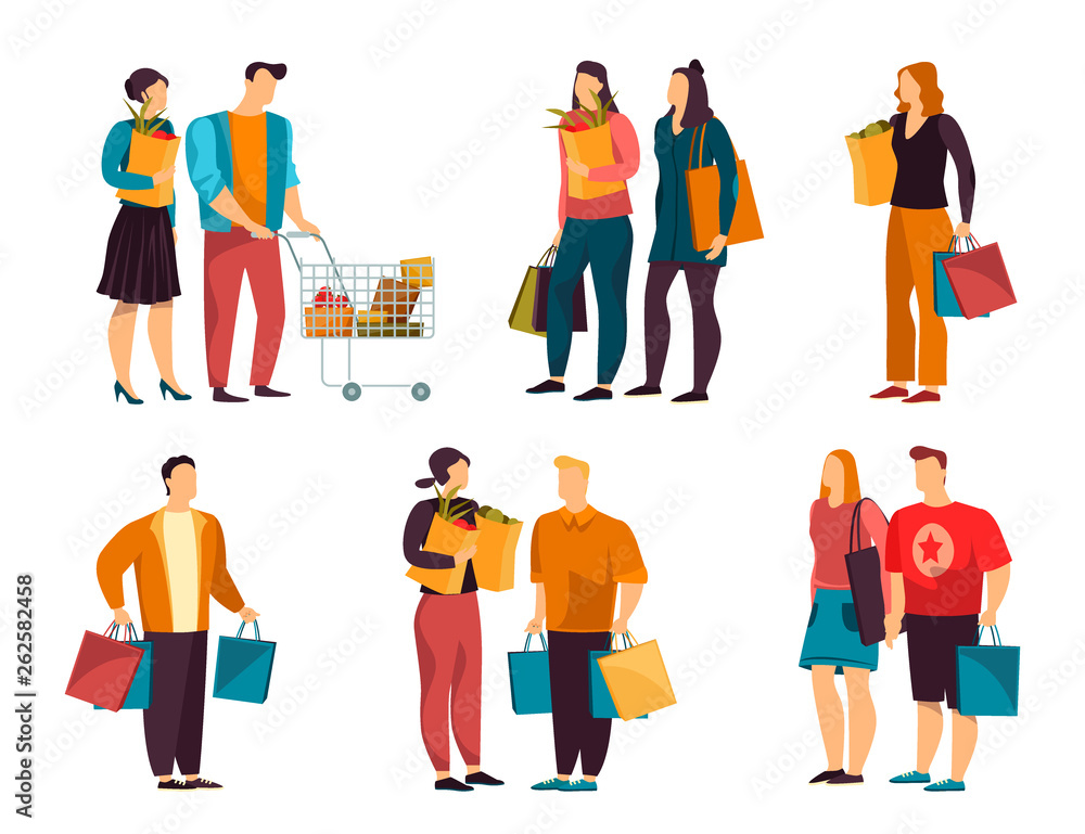 Set of isolated simple people with grocery