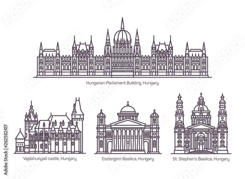 Set of line isolated Hungary cultural monuments