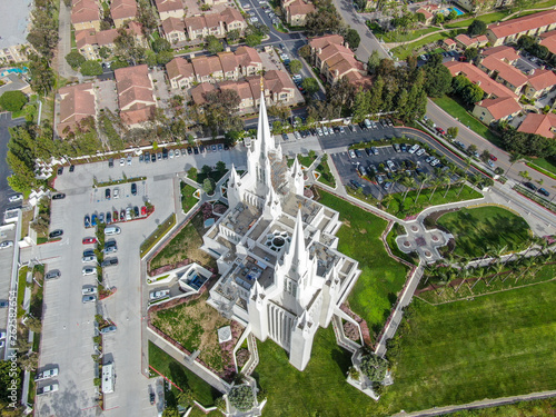 Aerial view of The San Diego California Temple, the 47th constructed and 45th operating temple of The Church of Jesus Christ of Latter-day Saints. San Diego, California, USA. photo