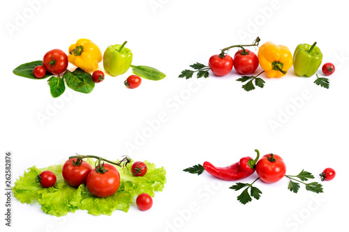 Fototapeta Naklejka Na Ścianę i Meble -  Yellow and red sweet pepper with tomatoes. Red sweet long pepper with yellow sweet pepper and tomatoes on a white background. Composition of yellow and red peppers with tomatoes on a white background.