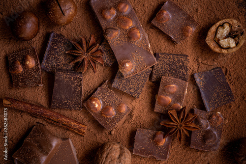 Chocolate, star anise, walnut, macadamia and cocoa powder, dark background, top view.