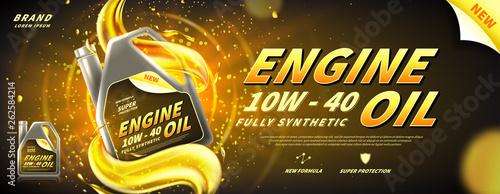Engine oil advertisement banner. Vector illustration with realistic canister and motor oil splashes on bright background. 3d ads template.