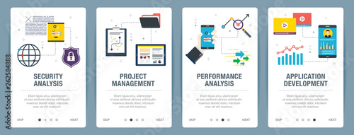 Web banners concept in vector with security analysis, project management, performance analysis and application development. Internet website banner concept with icon set. Flat design vector illustrati © Cifotart