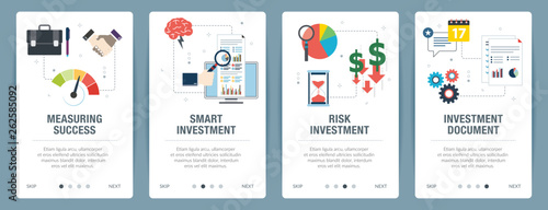 Web banners concept in vector with measuring success, smart investment, risk investment and investment document. Internet website banner concept with icon set. Flat design vector illustration.